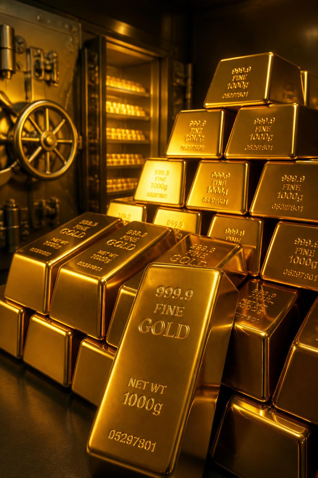 Stacked gold bars in a vault