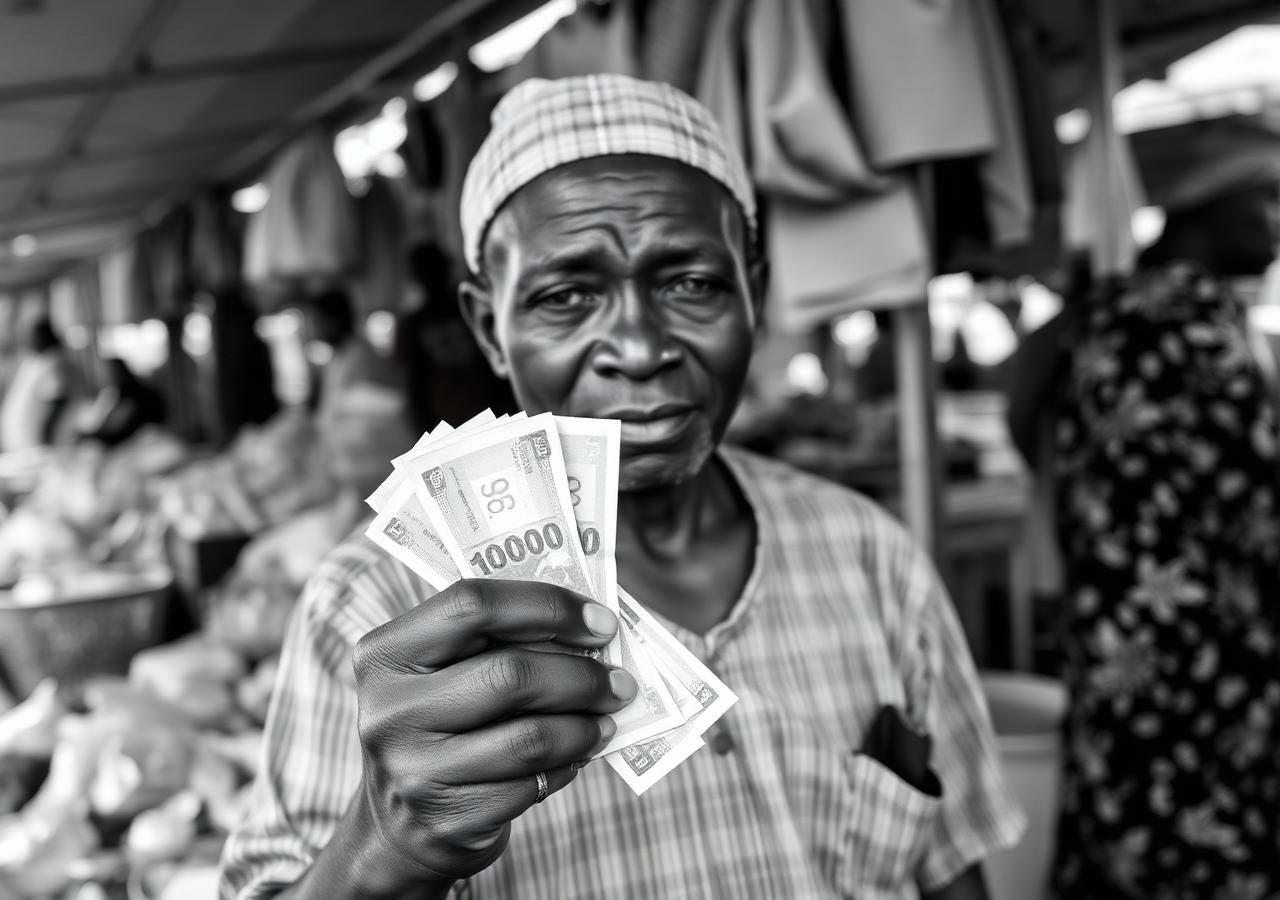A Nigerian market vendor holding naira notes
